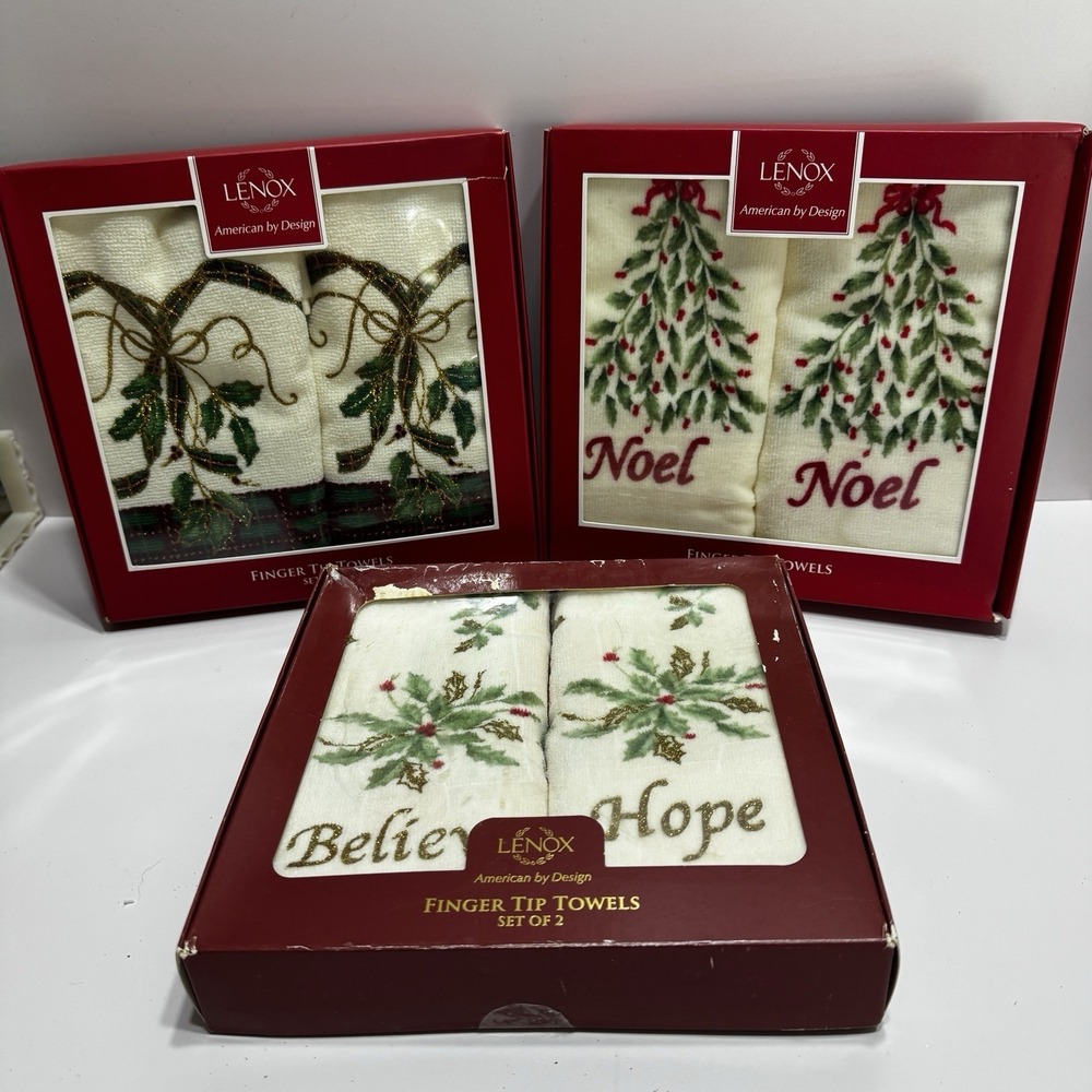 3 Sets Lenox Noel Believe Hope Holiday Embroidered Christmas Finger Tip Towels